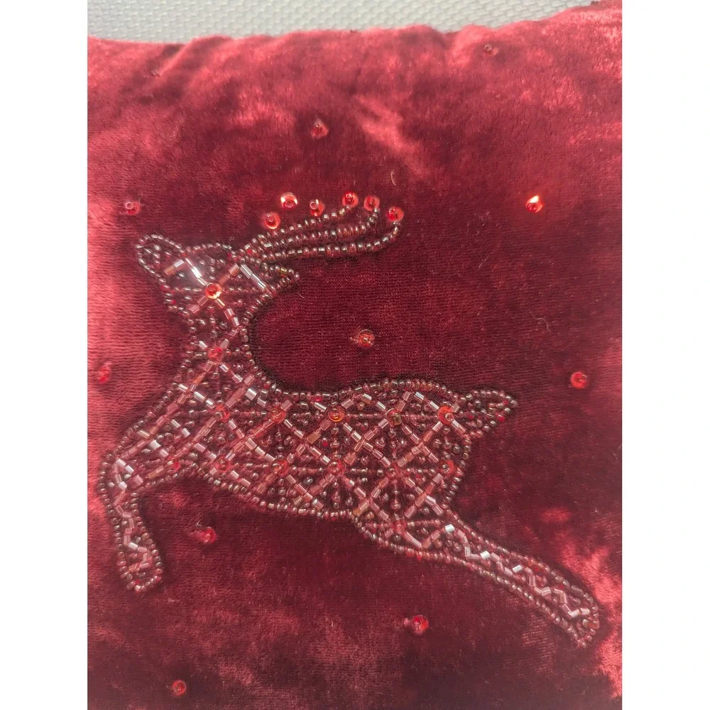 VTG Pottery Barn Red Velvet Christmas Reindeer Bead Sequin Throw Pillow Holiday